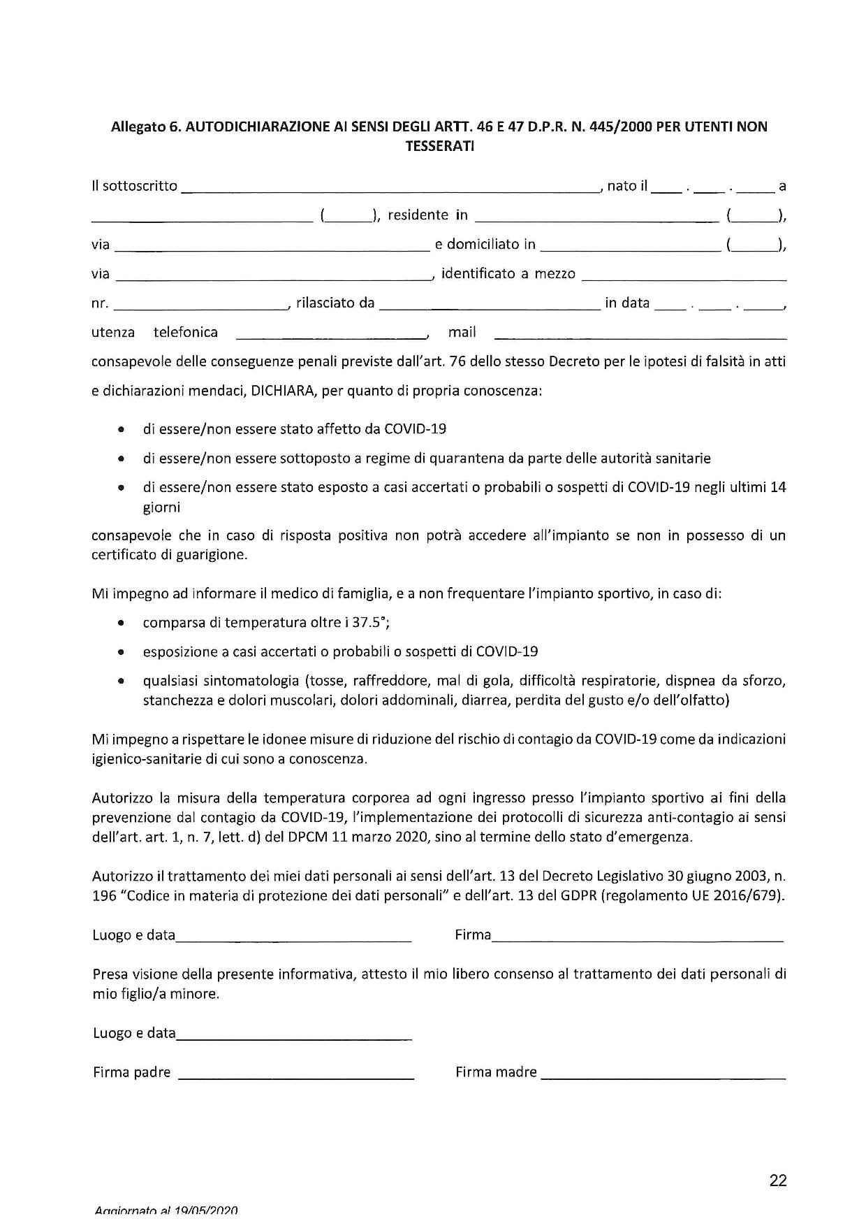 Centro Sportivo Roero Autocertificazione Covid 19